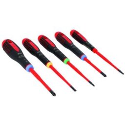 Conjunto de chaves de parafusos TORX®, Pozidriv e chaves de fenda finas com isolamento VDE ERGO™ com pega de três componentes - 5 peças Bahco BE-9872S