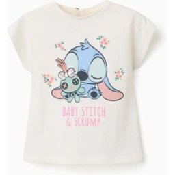 Disney T-shirt de algodão com estampado Baby Stitch para bebé menina, bege-claro Beige 24-36 Months