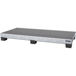 eurokraft pro Cuba coletora em aço com pés em plástico , CxLxA 2460 x 1210 x 260 mm, galvanizada a fogo, com grade, Cuba coletora em aço com pés em plástico, CxLxA 2460 x 1210 x 260 mm, galvanizada a fogo, com grade. Para 8 bidões de 200 litros na vertica