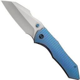 WE Knife High-Fin XL WE24010-2 Bead Blasted CPM 20CV, Diamond Patterned Blurple Titanium, navalha