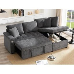 ModernLuxe Sofá em L com sofá-cama arquivado - com espaço de armazenamento - carregamento USB - 2 almofadas - Cinza