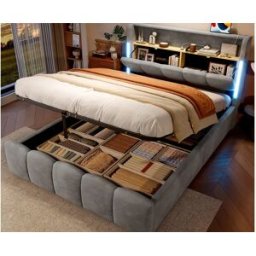 ModernLuxe Cama estofada com armazenamento 140x200 cm - com iluminação LED - com portas USB + Type-C - veludo - cinza (colchão não incluído)