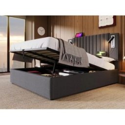 ModernLuxe Cama de arrumação 140x200cm em tecido de algodão - com luzes de leitura e portas de carregamento USB - com base de ripas - Cinzento