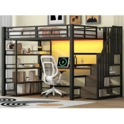 ModernLuxe Cama mezanino metálica 140×200 cm - com iluminação LED - com escada - com escrivaninha - carregamento USB - preto