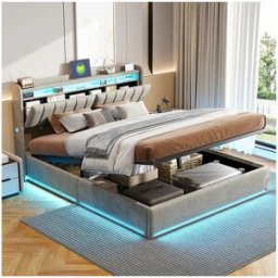 Cama estofada 140 x 200 cm com carregador USB, cama de casal, cama com espaço de arrumação e iluminação LED, cabeceira com estrado de ripas hidráulico.