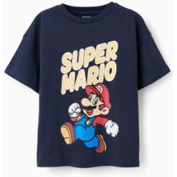 T-shirt de algodão com estampado Super Mario para menino, azul-marinho Azul 7-8 Years