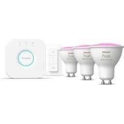 Philips Hue White and Color Ambiance Starter Kit GU10 - Conjunto de 3 lâmpadas inteligentes GU10 Hue White and Color Ambiance 350 + Hue Bridge + comando