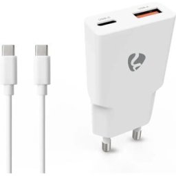 Nedis WCHA20WTUC - Carregador GaN 1×USB-A + 1×USB-C PD (20W) c/ cabo USB-C