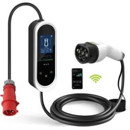 Carregador portátil para EV c/ display + WiFi + BT - trifásico 6-32A 22kW - CEE 32A (c/ adaptador Schuko) - Tipo 2 - IP54 - 5m