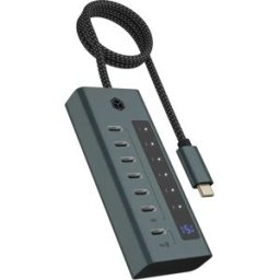 ICY BOX IB-HUB1457-C31 - Hub USB 3.2 de 7 portas (6×USB-C + 1×USB-C PD 20W) c/ display e cabo USB-C
