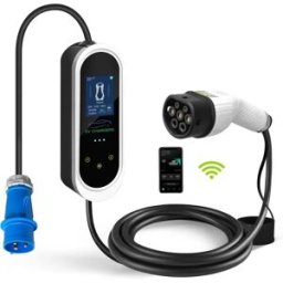 Carregador portátil para EV c/ display + WiFi + BT - monofásico 6-32A 7.4kW - CEE 32A (c/ adaptador Schuko) - Tipo 2 - IP54 - 5m