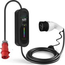 Carregador portátil para EV c/ display - trifásico 6-16A 11kW - CEE 16A (c/ adaptador shuko) - Tipo 2 - IP54 - 5m