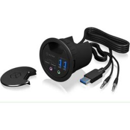 ICY BOX IB-HUB1403B - Hub USB 3.0 de embutir (Ø60mm) c/ 2×USB-A + 2×USB-C + áudio in/out