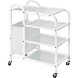 Carrinho Metálico Branco Mobile: Equipado com quatro estantes de cristal translúcido e saca lateral