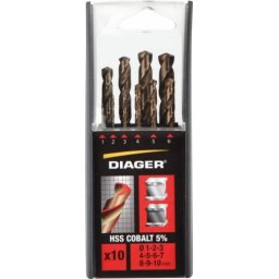 Jogo de 10 Brocas HSS Cobalto DIAGER Ø1-10mm DIN 338
