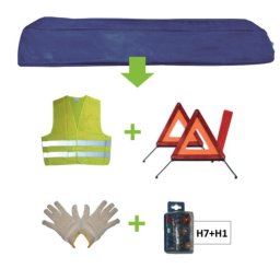 Kit de Emergência JBM em Bolsa Azul com Lâmpadas H7+H1, Colete, Triângulo e Luvas