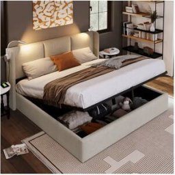 Cama hidráulica com candeeiro de leitura - 160x200 cm - Carregamento USB e grande arrumação - Linho - Bege