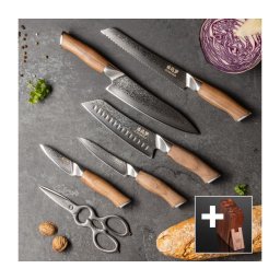 Conjunto Gudaro – 5x Faca de Cozinha em Aço Damasco TAKUMI + Suporte para Facas e Tesoura para Aves
