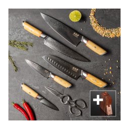 Gudaro - Conjunto com 5 facas de cozinha em aço damasco HIKARI + suporte para facas e tesoura para aves