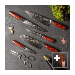 Gudaro - Conjunto de 5 Facas de Cozinha em Aço Damasco MIYABI + Suporte para Facas e Tesoura para Aves