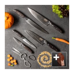 Gudaro - Conjunto de 5 facas de cozinha em aço damasco SHIRO + suporte para facas e tesoura para aves