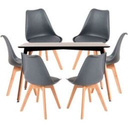 Presentes Miguel Conjunto Mesa Retangular 120 x 80 cm Preta e 6 Cadeiras Nórdicas Synk - Cinza