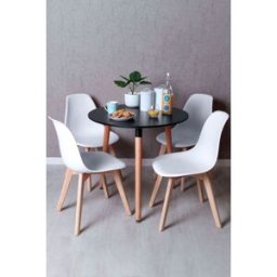 Presentes Miguel Conjunto Mesa Tower Redonda 80 cm Preta e Pack 4 Cadeiras Kelen - Branco