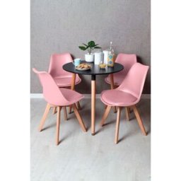 Presentes Miguel Conjunto Mesa Tower Redonda 80 cm Preta e Pack 4 Cadeiras Synk Basic - Rosa