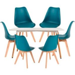 Presentes Miguel Conjunto Mesa Tower Retangular 120 x 80 cm Branca e Pack 6 Cadeiras Synk Basic - Verde-azulado