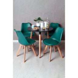 Presentes Miguel Conjunto Mesa Tower Redonda 80 cm Preta e Pack 4 Cadeiras Synk Basic - Verde-azulado