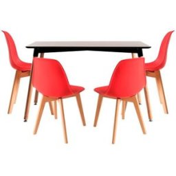 Presentes Miguel Conjunto Mesa Tower Retangular 120 x 80 cm Preta e Pack 4 Cadeiras Synk Basic - Vermelho