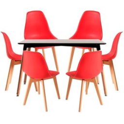 Presentes Miguel Conjunto Mesa Retangular 120x 80cm Preta e 6 Cadeiras Nórdicas Kelen - Vermelho