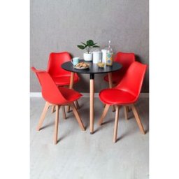 Presentes Miguel Conjunto Mesa Tower Redonda 80 cm Preta e Pack 4 Cadeiras Synk Basic - Vermelho