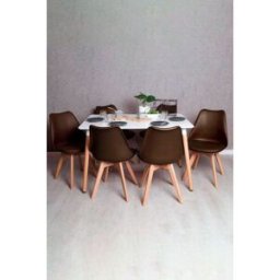 Presentes Miguel Conjunto Mesa Tower Retangular 120 x 80 cm Branca e Pack 6 Cadeiras Synk Basic - Marrom