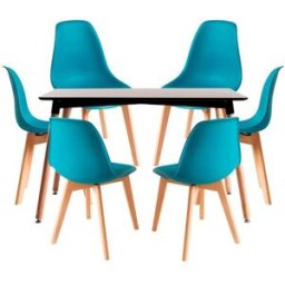 Presentes Miguel Conjunto Mesa Retangular 120x 80cm Preta e 6 Cadeiras Nórdicas Kelen - Verde-azulado