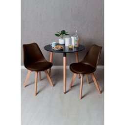 Presentes Miguel Conjunto Mesa Tower Redonda 80 cm Preta e Pack 2 Cadeiras Synk Basic - Marrom