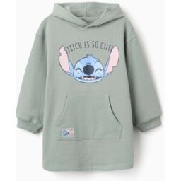 Disney Vestido cardado com capuz e estampado Stitch para menina, verde-claro Verde 6-7 Years