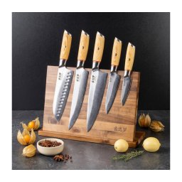 Gudaro - Conjunto de 5 facas de cozinha em aço damasco HIKARI + suporte magnético