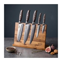 Gudaro - Conjunto de 5 facas de cozinha em aço damasco SHIRO + suporte magnético