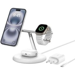 Base de Carregamento MagSafe "3-EM-1" Qi2 15W c/ Cabo USB-C (Branco) - BELKIN