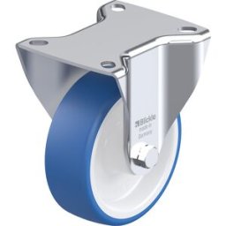 Blickle Roda em TPU, corpo em aço inoxidável com placa , Ø da roda x largura 100 x 35 mm, roda fixa, rolamento de esferas, Roda em TPU, corpo em aço inoxidável com placa, Ø da roda x largura 100 x 35 mm, roda fixa, rolamento de esferas. Utilização na área