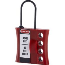 Masterlock Barra de segurança de fecho , manilha de 3 mm, embalagem de 12 unid., vermelho, Barra de segurança de fecho, manilha de 3 mm, embalagem de 12 unid., vermelho. Fabricado em plástico altamente resistente e não condutor. Adequado para até 4 cadead