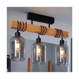 Brilagi - Lustre de teto sobreposto WOOD GLASS 3xE27/60W/230V pinho/preto/cinzento fumado