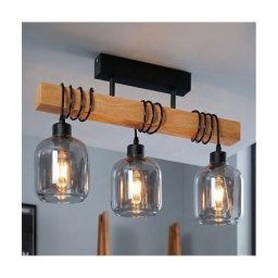Brilagi - Lustre de tecto de montagem superficial WOOD GLASS 3xE27/60W/230V pinho/preto/cinzento fumado