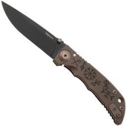 Spartan Blades Spartan Harsey Folder 3.25 SF10C-RUN-STAV, PVD CPM MagnaCut, Runes And Staves Brown/Bronze Titanium navalha