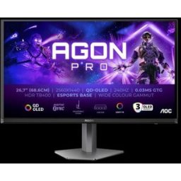 AOC AGON PRO AG276QZD2 - Monitor OLED - gaming - 27" (26.7" visível) - 2560 x 1440 QHD @ 280 Hz - 250 cd/m² - 15000000:1 - DisplayHDR 400 True Black - 0.03 ms - 2xHDMI, 2xDisplayPort - altifalantes - cinza escuro