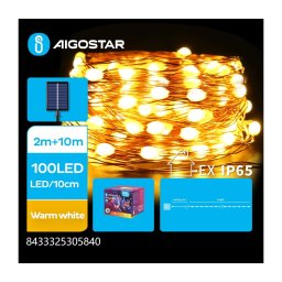 Aigostar - Cordão de luzes de Natal solar LED 100xLED/8 funções 12m IP65 branco quente