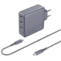 Accsup Carregador Universal Portátil USB-C x3 GaN 140W + Cabo - Cinzento