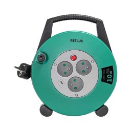 Retlux - Cabo de extensão em carretel com 3 tomadas, Tipo E, 10 m, verde/preto