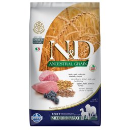 12kg Farmina N&D Ancestral Grain Adult Medium & Maxi com borrego e mirtilos para cães